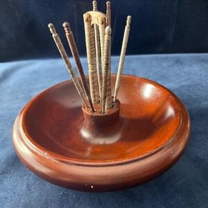 Vintage wooden nut bowl with carved metal picks - Cottagecore Grandpa